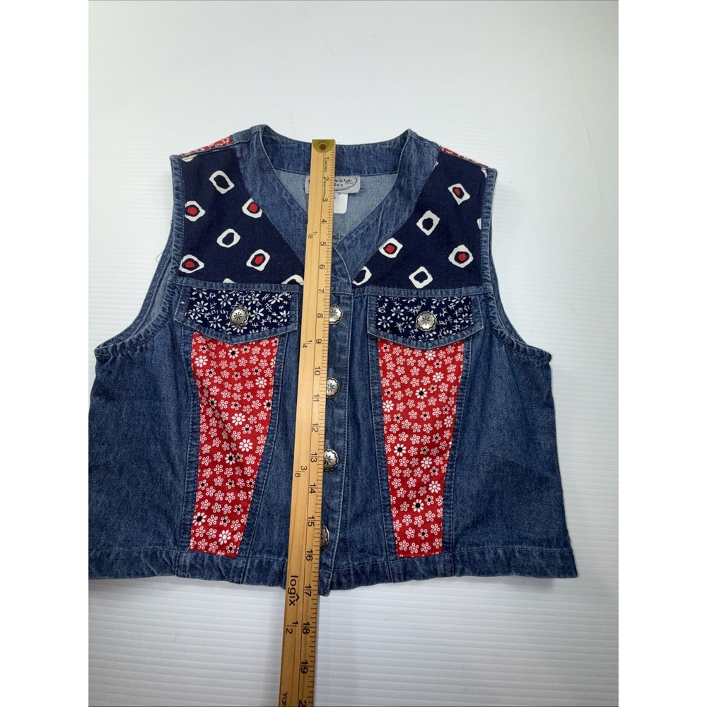 Vintage 1990s Stonebridge blue & red cropped patchwork denim vest Skirt Set PS - Picture 6 of 10